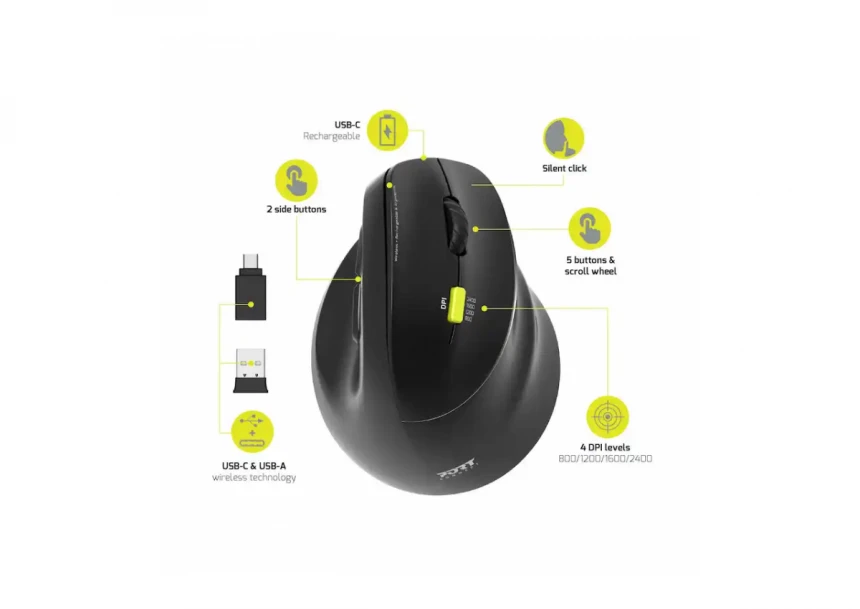 Bežični miš Port Designs Ergonomic 2.4 GHz Bluetooth punjivi