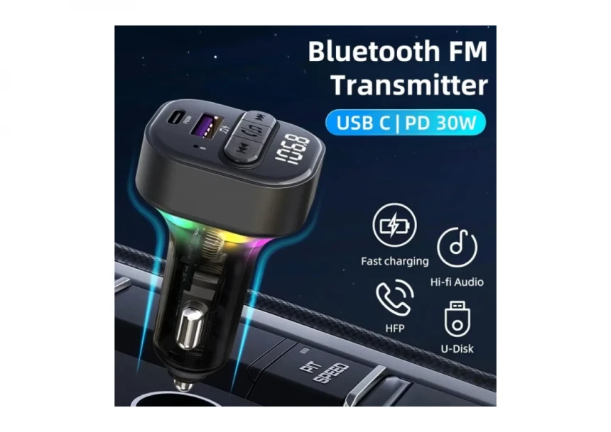 FM Transmiter i punjač Kettz Yare Bluetooth/QC3.1/Type-C PD30W/LED