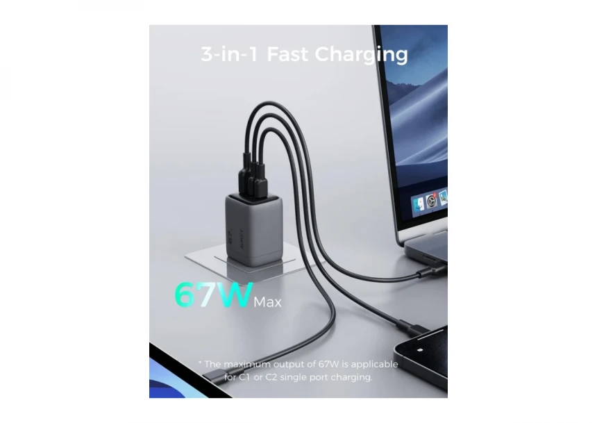Kućni punjač AUKEY PA-C3 Fast  3-port 67W GaN