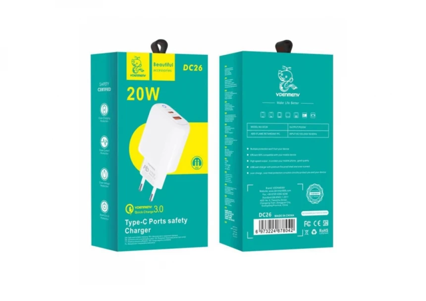 Kućni punjač Denmen DC26 fast 20W USB-A + Type C