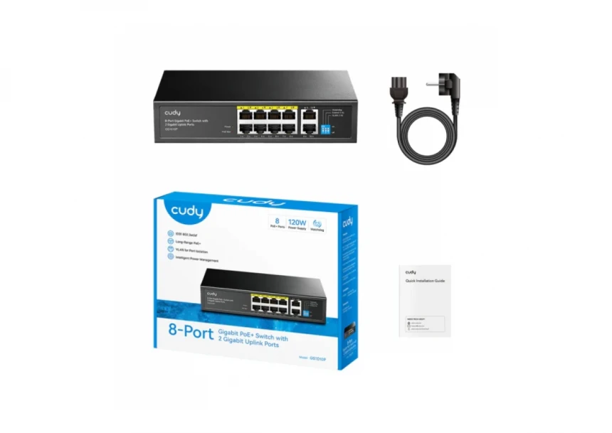 Svič 10/100/1000 10-port Cudy GS1010P/ 8 PoE+ sa 2 Gigabit Uplink porta 120W