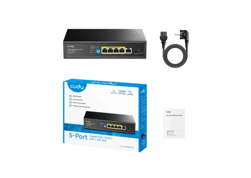 Svič 10/100/1000 5-port Cudy GS1005PTS1 4xPoE+ sa 1 SFP port/120W
